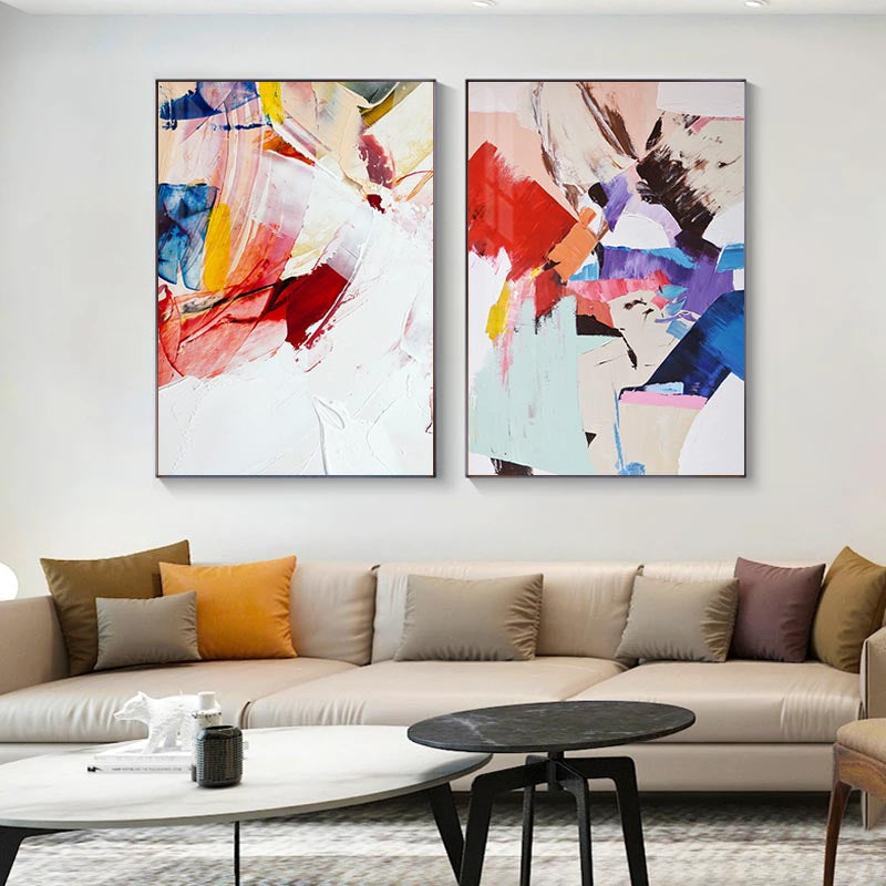 Tableau abstrait sur toile aux couleurs chaudes rouge et bleu