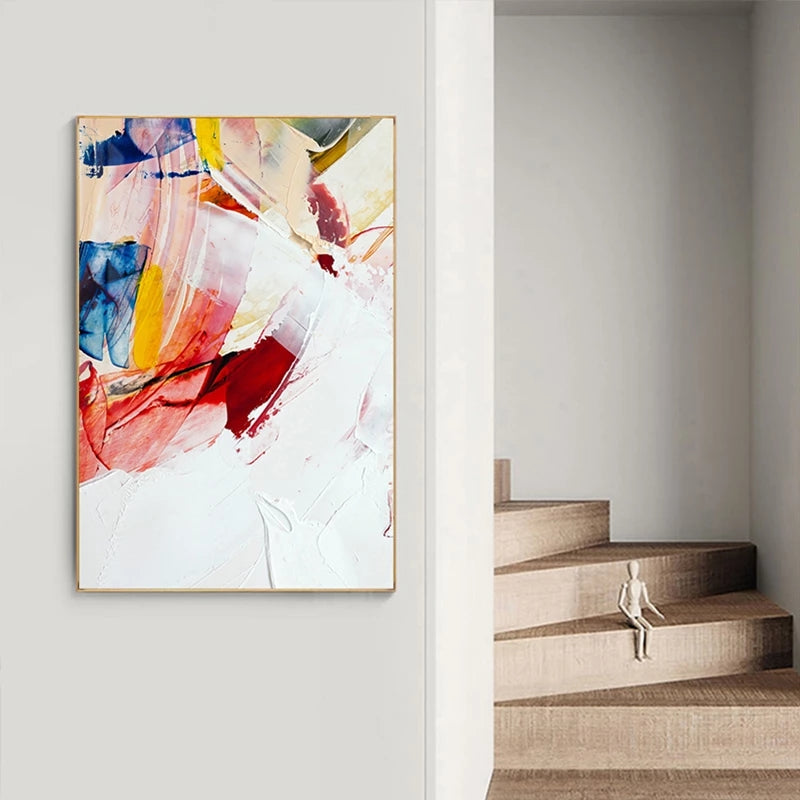 Tableau abstrait sur toile aux couleurs chaudes rouge et bleu