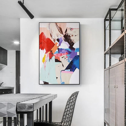 Tableau abstrait sur toile aux couleurs chaudes rouge et bleu