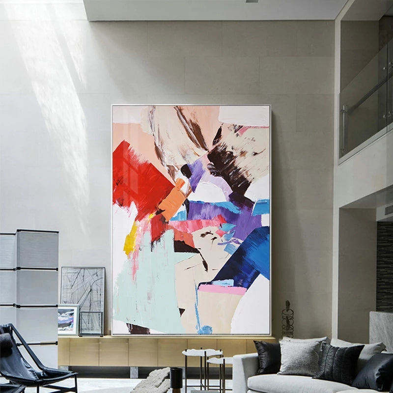Tableau abstrait sur toile aux couleurs chaudes rouge et bleu