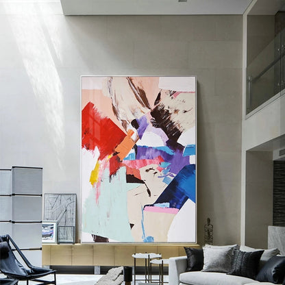 Tableau abstrait sur toile aux couleurs chaudes rouge et bleu