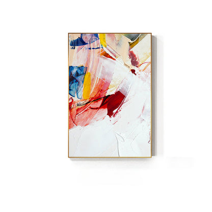 Tableau abstrait sur toile aux couleurs chaudes rouge et bleu