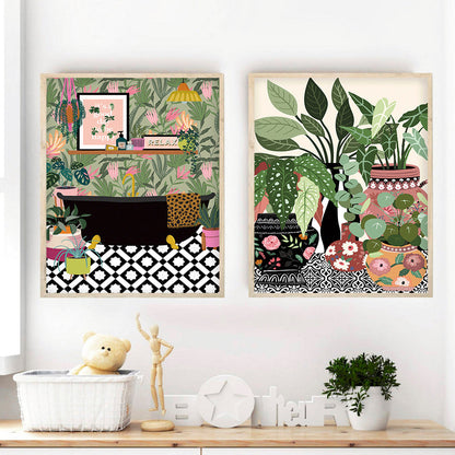 Décoration murale sur toile avec des feuilles de plantes d'intérieur, idéale pour le salon, la chambre ou le bureau.