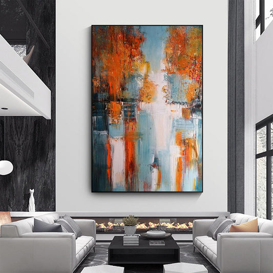 Tableau abstrait sur toile représentant un paysage lacustre