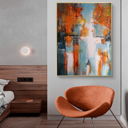 Tableau abstrait sur toile représentant un paysage lacustre