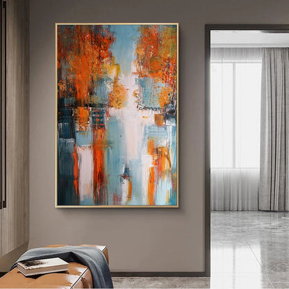 Tableau abstrait sur toile représentant un paysage lacustre
