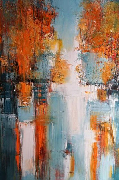 Tableau abstrait sur toile représentant un paysage lacustre