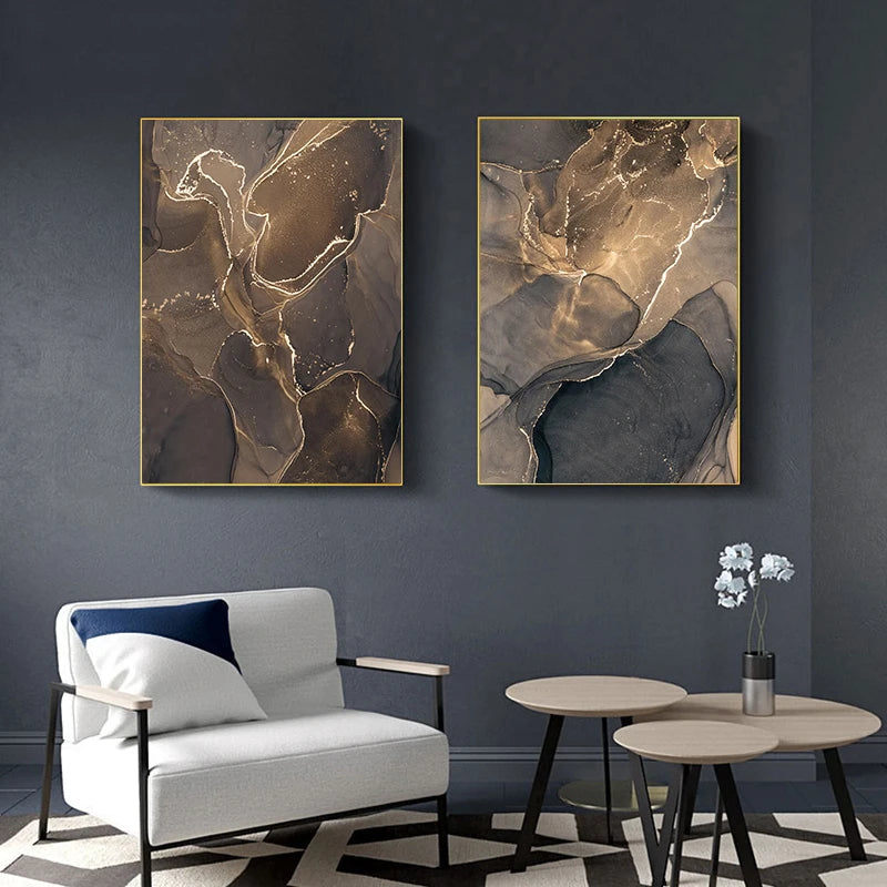 Tableau moderne sur toile effet marbre gris et or