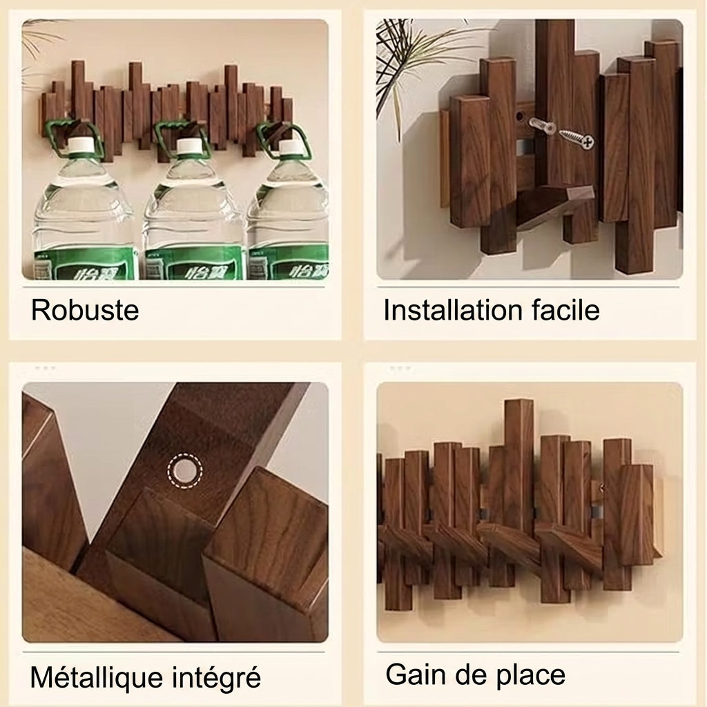 Porte-Manteau Mural en Bois à Crochets Rétractables