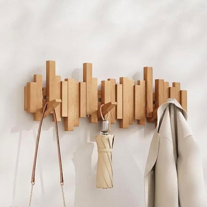 Porte-Manteau Mural en Bois à Crochets Rétractables