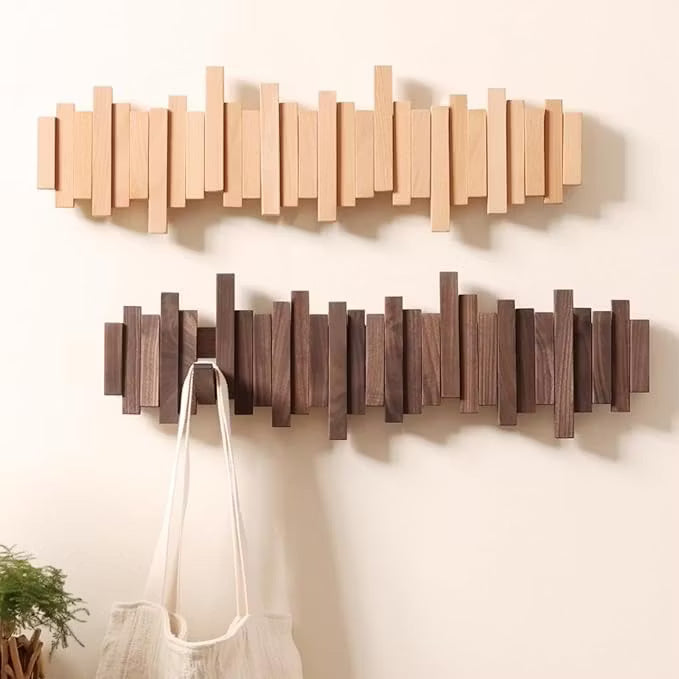 Porte-Manteau Mural en Bois à Crochets Rétractables