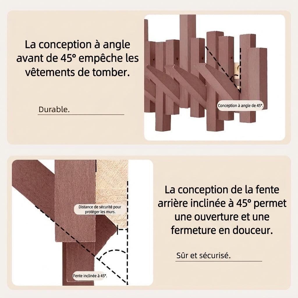 Porte-Manteau Mural en Bois à Crochets Rétractables