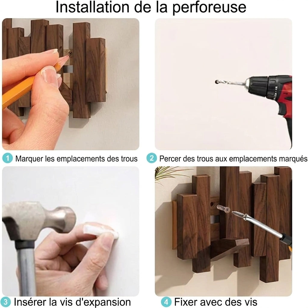 Porte-Manteau Mural en Bois à Crochets Rétractables