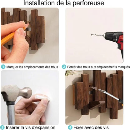 Porte-Manteau Mural en Bois à Crochets Rétractables