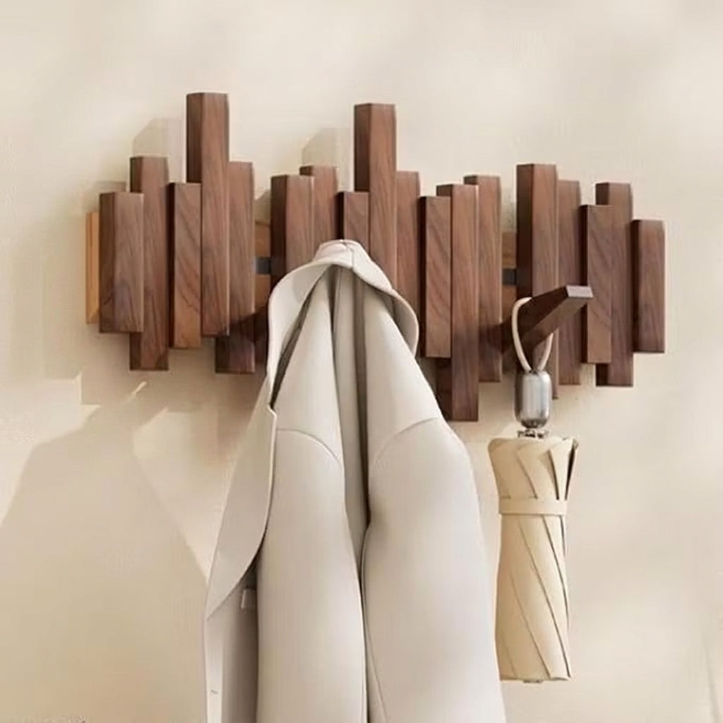 Porte-Manteau Mural en Bois à Crochets Rétractables